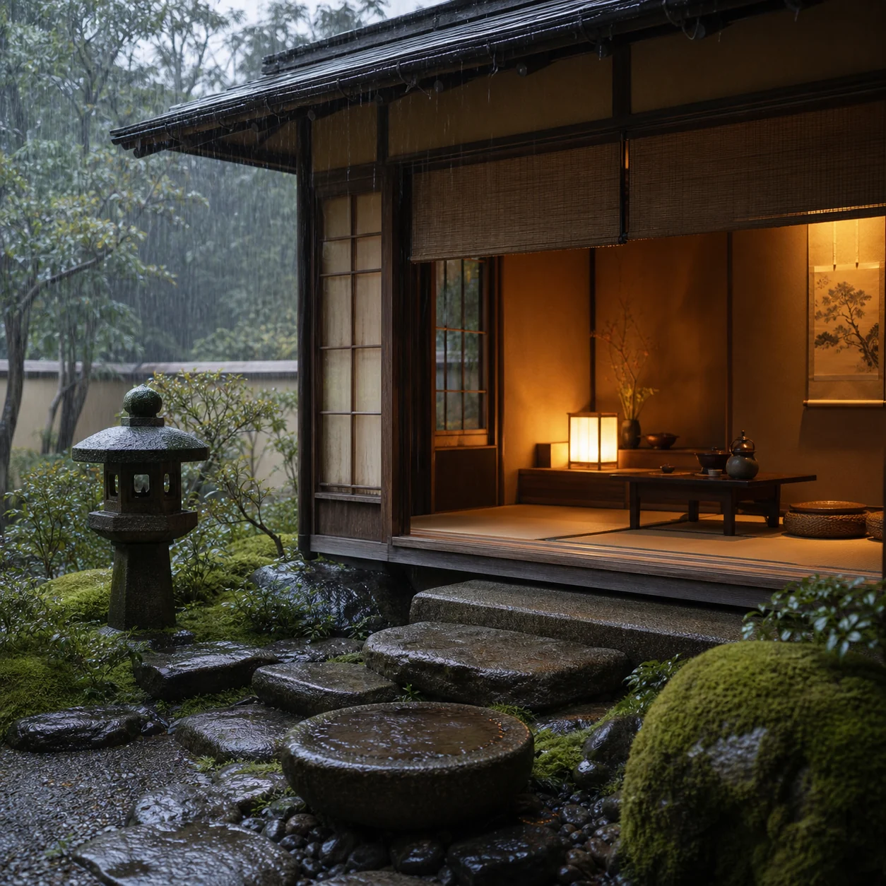 Rain courtyard teahouse prompt cover