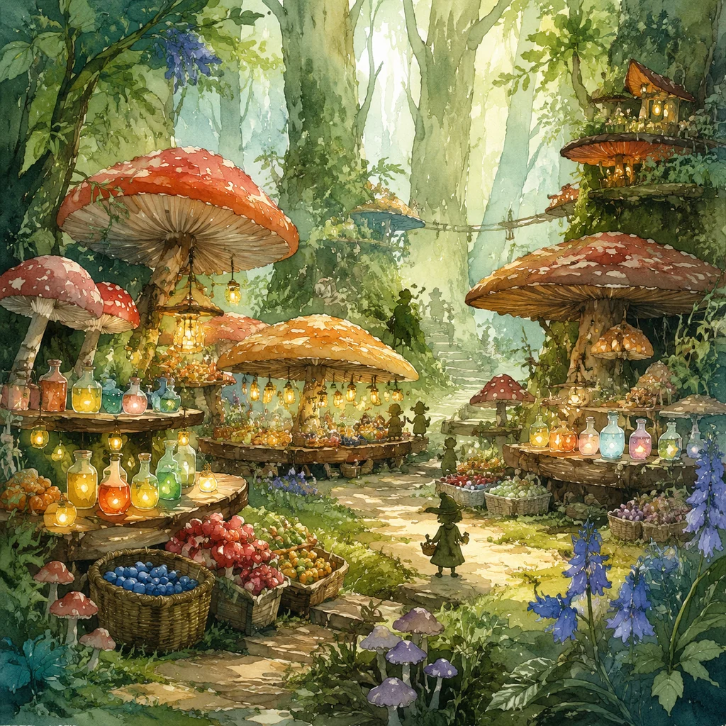 Mushroom market watercolor prompt cover